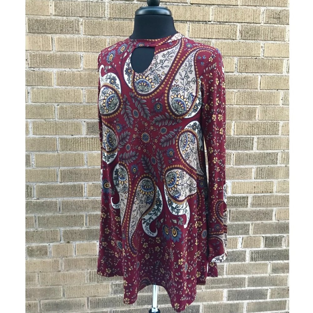 Burgundy Paisley Long Sleeve Top with Keyhole Neckline